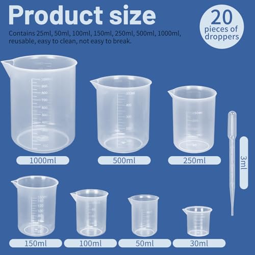 Twdrer 7 Sizes Plastic Beaker Set,Clear Measuring Graduated Liquid Container Beakers in 30ml/50ml/100ml/150ml/250ml/500ml/1000ml for Laboratory Measuring with 20 PCS Plastic Droppers in 3 ml