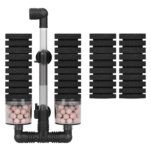 AQUANEAT Aquarium Air Powered Sponge Filter with Ceramic Media Balls, for Betta Fry Shrimp Fish Tank, with 2 Spare Sponges, up to 40Gal - size: Middle