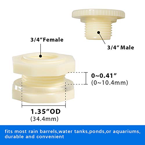 Quickun 3/4" ABS Bulkhead Water Tank Connector Adapter Fitting with Plugs Thru-Bulk Pipe Fitting (Set of 2) - size: 3/4 inch, style: Set of 2