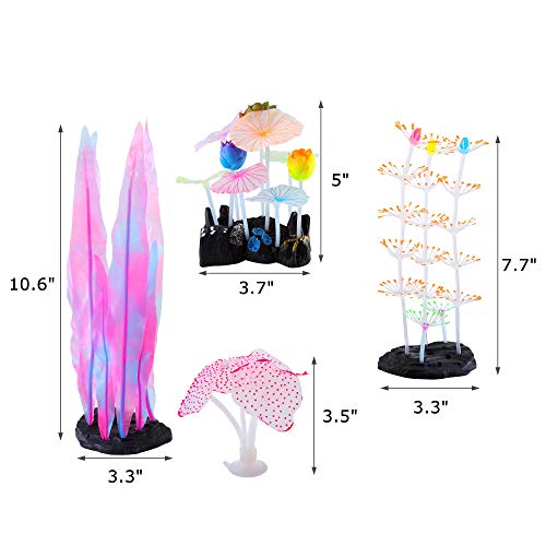 Lpraer 4 Pack Glow Aquarium Decorations Coral Anemone Lotus Leaf Seaweed Simulation Glow Plant Glowing Effect Silicone for Fish Tank Decorations - color: 4 Pcs(branch Coral+anemone+lotus Leaf+seaweed)