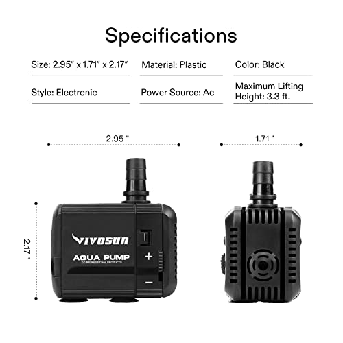 VIVOSUN 2-pack 210GPH Submersible Pump(800L/H, 8W), Ultra Quiet Water Pump with 3.3ft High Lift, Fountain Pump with 5ft Power Cord, 2 Nozzles for Fish Tank, Pond, Aquarium, Statuary, Hydroponics - size: 2 Pack 210GPH