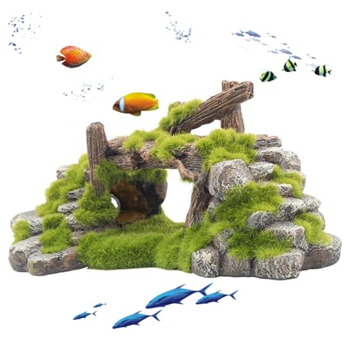 Small Aquarium Decor, Natural Mossy Bridge & Stone Hideout for Fish and Shrimp, Aquarium Decorations to Enhance Tank Landscape Hides Decorations
