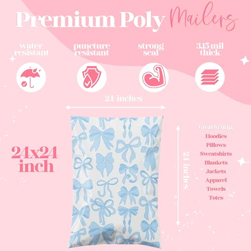 Pretty Package Store 24x24 Designer Poly Mailer 50 Pack Heavy Duty Waterproof Self Seal Shipping Bags for Small Business Large Mailing Envelopes Bulk Tear Resistant Packaging Blue Bows - color: Blue Bows, size: 24x24 Inches