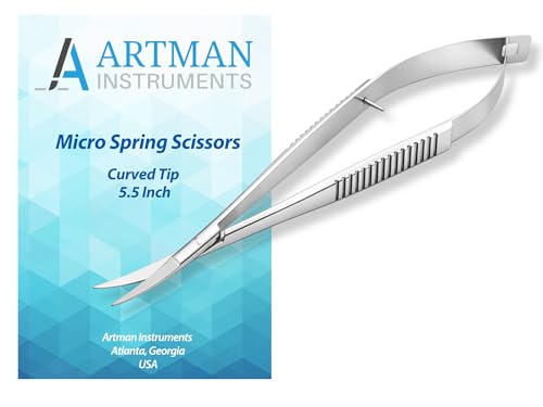5.5” Curved Micro Scissors Castroviejo Style Premium Stainless Steel Spring Action Squeeze Scissors for Stitch Cutting, Sewing, Embroidery, Applique & Precision Craft