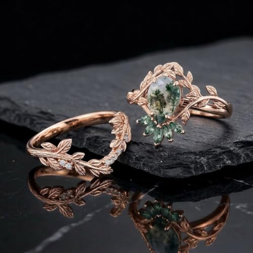 Natural Moss Agate Engagement Ring Set for Women, Unique Genuine Moss Agate Ring, 925 Sterling Silver 10K 14K 18K Solid Gold Nature Inspired Bridal Set, Boho Wedding Jewelry Gift - color: Two