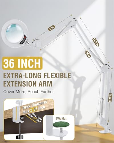 12X Magnifying Glass with Light and Clamp, Ultra Long 3 Section Swing Arm LED Desk Lamp, Real Glass Lens, 5 Color Modes Dimmable, Hands Free Lighted Magnifier with Stand for Repair Crafts - White - color: White, size: 12X 36inch Clamp