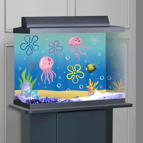 Fish Tank Jellyfish Sticker Decor - 2PCS 16.14 x 12.2 Inches Under the Sea Aquarium Background Stickers Decoration, Removable PVC Cartoon Underwater Beach Fish Tank Terrarium Background Decor S