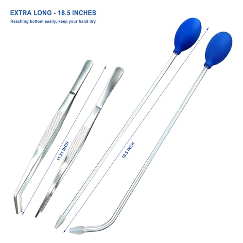 Aquarium Reptile Fish Feeder Tool Set – 2 Coral Feeder Pipettes (18.5 Inch), 11.81 Inch Stainless Steel Curved & Straight Tweezers, Long Handle Tools for Reef Tank & Terrarium Care