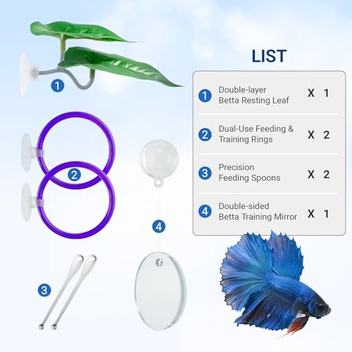 Betta Fish Toy Set: Betta Training Floating Mirror, Training/Feeding Ring, Spoon, and Resting Leaf. Promotes Exercise. Betta Toys, Resting & Feeding Kit, Purple - color: Purple