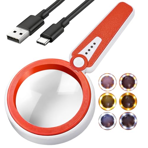 Rechargeable Magnifying Glass with Light for Seniors Reading, Hobbies | 45X Magnification • 6 Light Modes • 1200mAh Battery • 4.6-inch lens • 12 LEDs • Stepless Dimmable • Non-slip Handle - color: Orange