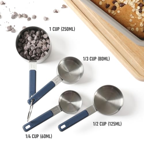 Calphalon Prime Measuring Cups, Kitchen Measurement Cup, 4-Piece Stainless Steel Kitchen Measuring Cup with Navy Silicone Handle Accurate, Durable for Dry and Liquid Ingredients - color: Navy Blue w/ Silicone (Prime - Measuring Cups), size: Measuring Cups
