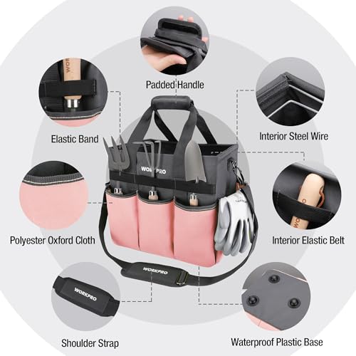 WORKPRO Garden Tool Bag, Heavy Duty Gardening Tote Bag Organizer with 10 Pockets and Long Adjustable Shoulder Strap, Standable Garden Home Tool Kits Organizer, Pink - color: Pink