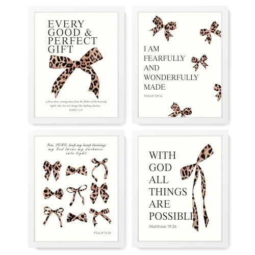 LARTSFRO Coquette Leopard Bow Wall Art Decor Posters, Y2K Cheetah Leopard Bow Room Bedroom Bathroom Dorm Wall Art Decor Aesthetic for College Teen Girls Gifts, Inspirational Bible Verses Bow Wall Decor, 10x8 Inch Set of 4 Pcs Cheetah Bow Pictures (WHITE F