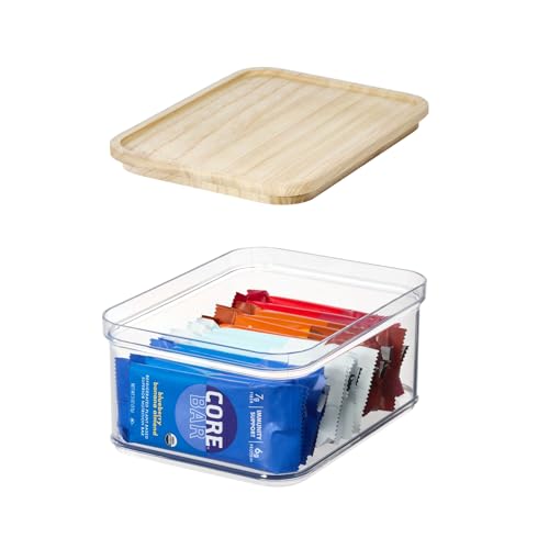 iDesign Recycled Plastic Crisp Storage Bin with Lid, The Rosanna Pansino Collection – 8.51” L x 8.51” W x 4.13” H, Clear Bin with Natural Wood Lid - size: Medium