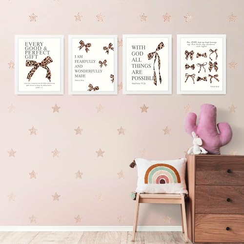 LARTSFRO Coquette Leopard Bow Wall Art Decor Posters, Y2K Cheetah Leopard Bow Room Bedroom Bathroom Dorm Wall Art Decor Aesthetic for College Teen Girls Gifts, Inspirational Bible Verses Bow Wall Decor, 10x8 Inch Set of 4 Pcs Cheetah Bow Pictures (WHITE F