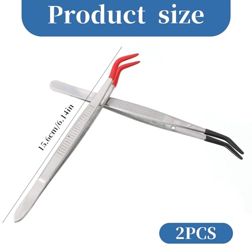 2 PCS Rubber Tipped Tweezers, Tweezers Curved Bent Tip Tweezer with Rubber Tips Long Bent Tweezer PVC Coated Long Rubbers Stainless SteelTweezer Metal Sticker Tweezerfor Craft Jewelry (Red, Black)