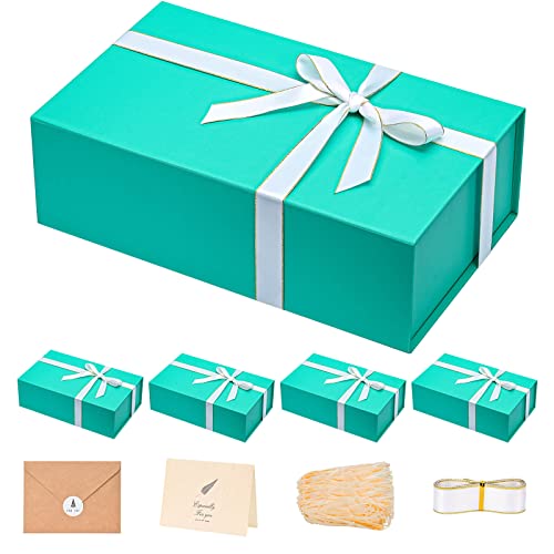 LIFELUM Large Gift Boxes with Lids,5 Pack 13.85 x 8.35 x 4.45 inch Rectangle Collapsible Gift Boxes with Ribbon,Card,Shredded Paper Filler Christmas,Birthdays - color: Green Blue, size: 1 count (Pack of 5)