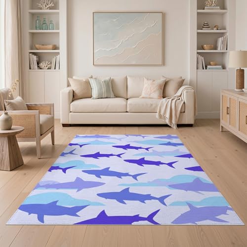5'x7' Washable Modern Shark Area Rug, Blue Flatwoven Floor Covering Non-Slip Chair-Friendly Carpet for Dining Room, Under Table, Home Office | Ref:2069997 - color: Blue/Pattern 1, size: 5' x 7' (Rectangular)