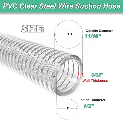 1/2"id-25ft PVC Reinforced Tubing Steel Wire Suction Flexible Hose Vinyl Tubing Heavy Duty PVC Vacuum Hose Drain Fuel Oil Gas Water for Marine Bilge Pump Pond Spa - size: 1/2"ID, style: 25 feet