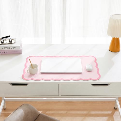 Scalloped Desk Mat, 23.6" x 11.8" Cute Small Aesthetic Desk Accessories, PU Leather Computer Laptop Desk Mouse Keyboard Pad, Desk Writing Mat for Vanity/Work/Home Decor Pink - color: Pink, size: 23.6" x 11.8"