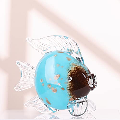Large Glass Fish Figurines Hand Blown Glass Fish Statue and Sculpture Home Decor, Murano Animal Tropical Sea Glass Paperweights for Desk, Glass Aquarium Coastal Beach Decorative (Light Blue)