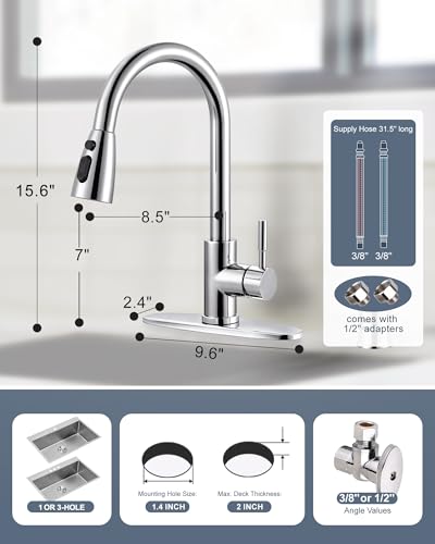 Kitchen Faucet with Air Gap: WOWOW Stainless Steel Kitchen Sink Faucet and Dishwasher Air Gap Kits for Kitchen Sink 2 or 4 Hole, Polished Chrome Kitchen Faucet Combo with Sprayer - color: Chrome, style: Kitchen Faucet with Air Gap Kit