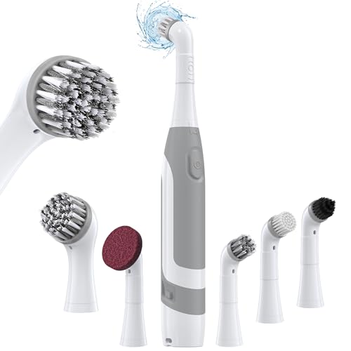 kHelfer Electric Cleaning Brush with Battery Power, KH6A Small Electric Grout Brush&5 Replacement Brush, Lightweight Waterproof Stainless Steel Wire Brush for Grout, Tile, Corner, Kitchen, Bathroom - color: Gray& White