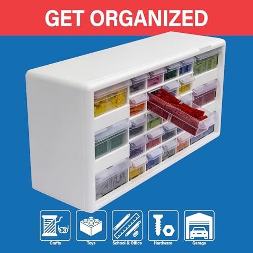 Akro-Mils 26-Drawer Plastic Drawer Storage Cabinet for Garage Organization, Bead Organizer, Building Bricks Storage, Teacher Toolbox, Makeup Organizer, 20" W x 6" D x 10" H, 10124 White - color: White, size: 26 Drawer, style: 1 Pack