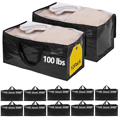 10 Pack Waterproof Moving Bags with Strong Zippers and Reinforced Handles, Real 100lb Capacity Extra Heavy Duty Large Storage Totes for Packing & Moving Storing, Alternative to Moving Boxes -95L,Black - color: Black, size: 10 Pack