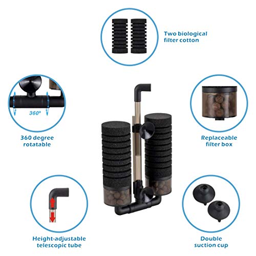 hygger Sponge Filter, Aquarium Filter Double Sponge Replaceable Media with 4 Biochemical Sponges and 1 Bag of Filtered Ceramic Balls Ultra Quiet Filter Fish Tank (S/M) (M for 15 to 55 Gallon Tank) - size: M for 15 to 55 gallon tank