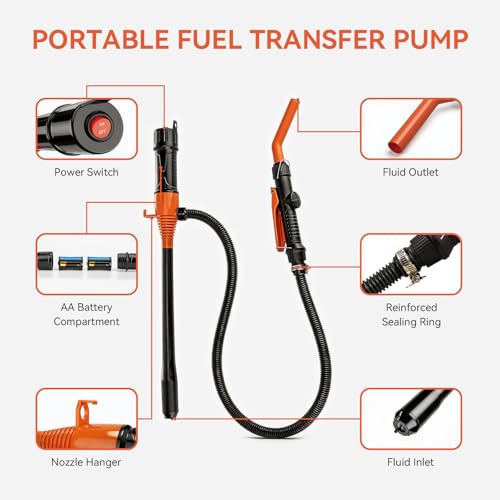 2.4GPM Portable Fluid Transfer Siphon Pump with Oil Pipeline, Fuel Transfer Pump, Adjustable-Flow Gasoline Siphon Pump, Suitable for Gasoline, Non-Potable Water, Diesel, and Kerosene, Orange