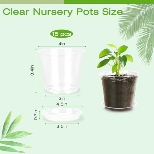 4 Inch Clear Nursery Pots with Drainage Trays, 15 Pack Plastic Pots for Plants, Clear Pot for Seed Starting, Transplanting, Succulents, and Indoor Gardening (4 inch) - size: 4 inch