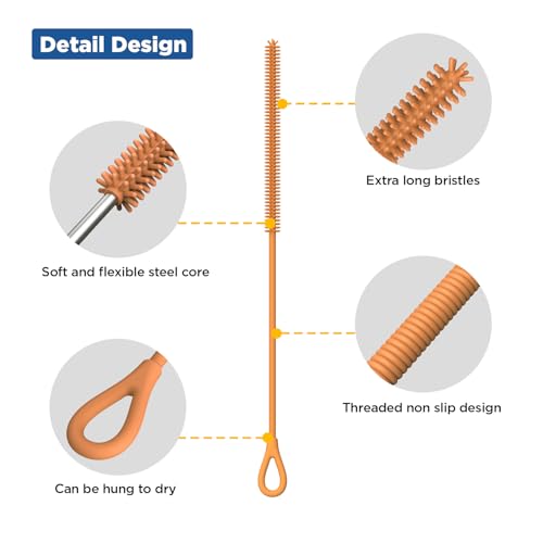 YOTIME Silicone Straw Cleaner Brush, 2Pcs Reusable Straw Brush Extra Long for Cleaning Tumbler with Handle and Glass Metal Smoothie Straws, Non-slip Handle Soft and Bendable, 6mm+9mm, Orange - color: Orange