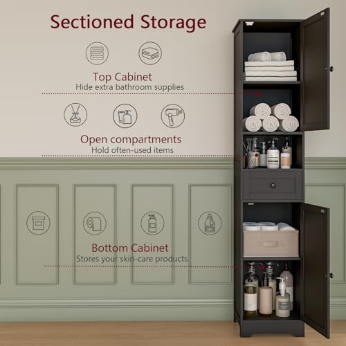 Tall Bathroom Cabinet,Storage Cabinet with 5 Shelves & 1 Drawer, with Adjustable Shelve, for Bathroom, Kitchen, Entryway, Living Room (Black) - color: Black