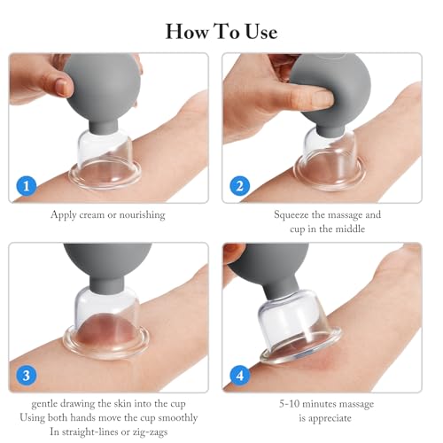 BBTO 4 Pcs Glass Facial Cupping Set Silicone Vacuum Suction Massage Cups Skin Tightening Therapy for Face Body Eyes Back Shoulder Pain(Grey) - color: Grey