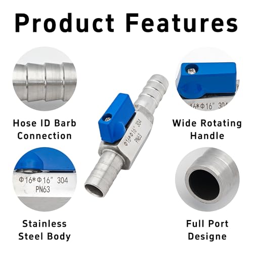 5/8” 304 Stainless Steel Mini Barb Ball Valve, Hose Shut Off Valve with Clamps, Corrosion Resistant Shut-Off Switch for Water, Gas, Fuel, Drip Irrigation - size: 5/8”