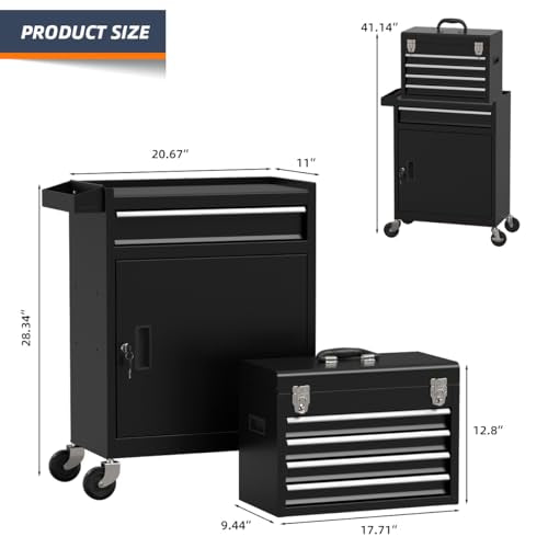 5-Drawer High Capacity Rolling Tool Box, Removable Cabinet Storage Tool Chest with Wheels and Drawers, Detachable Toolbox with Lock for Mechanics Garage Workshop and Tool Room (Black) - color: Black