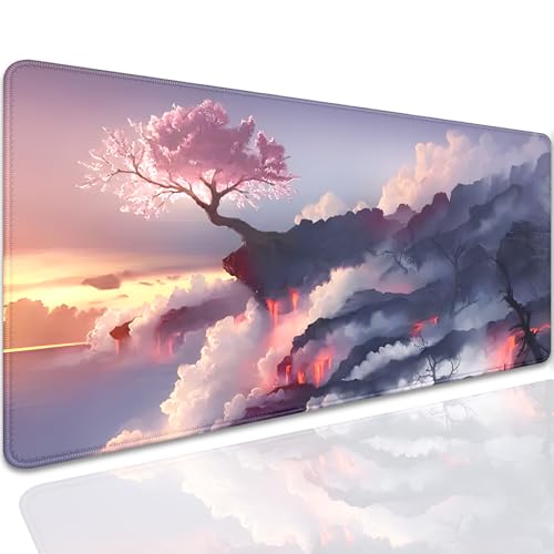 Volcano and Cherry Blossoms Desk Pad Mouse Pad,Large Nature Mouse Mat with Stitched Edges,Non-Slip Rubber Base Mousepad for Office PC Keyboard Laptop and Home Work Desk Mat(27.5X11.8 in) - color: Volcano and cherry blossoms