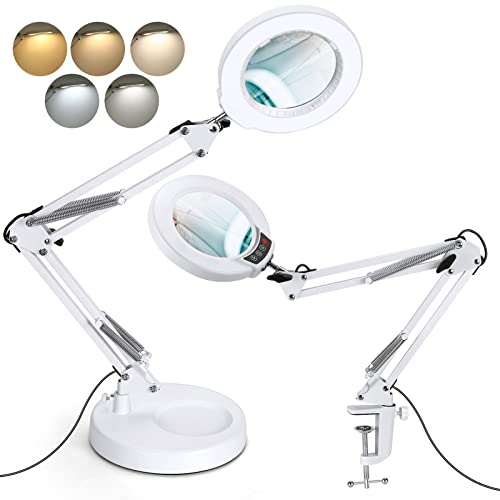 12X Magnifying Glass with Light and Stand, Upgrade Button 5 Color Modes Stepless Dimmable, 2-in-1 LED Lighted Magnifier Light, Hands Free Desk Lamp with Clamp for Craft Hobby Close Work - White - color: White, size: 12X 17.8inch Base & Clamp