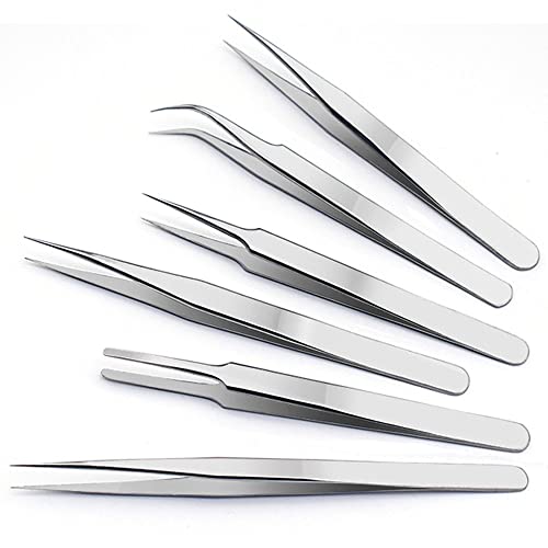 H&W Precision Tweezers 6PCS Set, Upgraded Anti-Static Stainless Steel Curved of Tweezers, for Electronics, Laboratory Work, Jewelry-Making, Craft, with Storage Bag - color: Silvery
