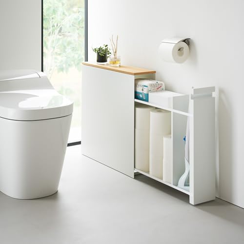 YAMAZAKI Home Pull-Out Bathroom Storage Cabinet – Slim Bathroom Storage Cabinet with Wood Top, Steel Organizer for Toilet Paper and Cleaning Supplies, Modern Space-Saving Design, White - Steel + Wood - color: White