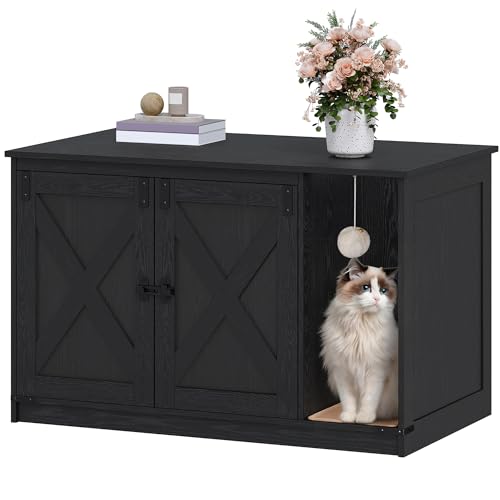 Hzuaneri Cat Litter Box Enclosure, Hidden Litter Box Cabinet Furniture with Bell, Indoor Cats House, Farmhouse Style, 39.4 x 21.7X 24.8 Inches for Hallway, Bedroom, Black CB85204X - color: Black, size: 39.4"L x 21.7"W x 24.8"H