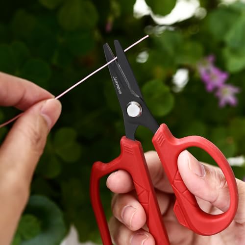 JARVISTAR 4.65" Fishing Scissors - Heavy Duty Line Cutter with Spring Clip Keychain, Dual Serrated Stainless Blades - Cuts Braided, Mono & Fluorocarbon Lines for Saltwater & Freshwater Red - color: Red