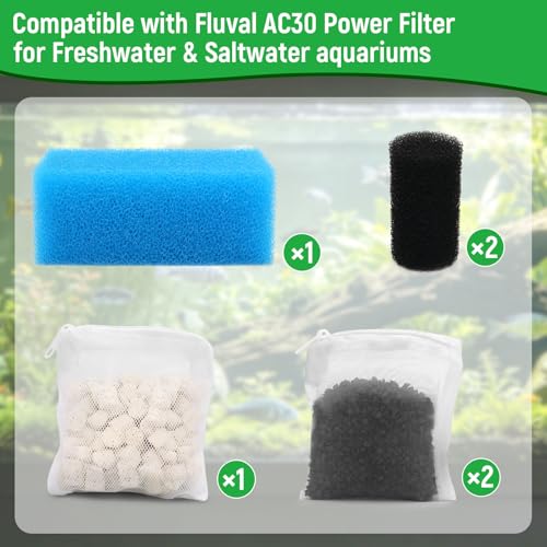 AC30 Aquarium Filter Media Maintenance Kit Compatible with Fluval AC30 Power Filters, Includes 1 Blue Foam, 2 Activated Carbon, 1 BioMax Pellets, 2 Intake Strainer Sponge, for Freshwater & Saltwater