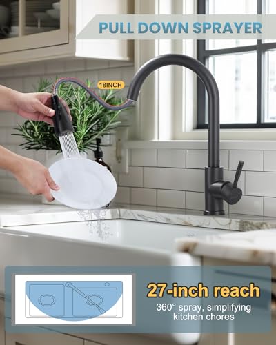 WOWOW Black Kitchen Faucet with Sprayer, Pull Down Kitchen Sink Faucet Lead-Free, Stainless Steel Single Handle Kitchen Faucets with Deck Plate, 360 Swivel High Arc Single Hole RV Kitchen Faucet - color: B: Black, style: Kitchen Faucet