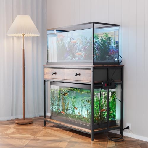 VOWNER 40 Gallon Aquarium Stand with Power Outlet, Metal Frame Fish Tank Stand with Cabinet Storage, Double Turtle Reptile Terrariums Tank Stand, 39.4" L*18.9" W Tabletop, 660LBS Capacity, Brown - color: Rustic Brown + Black