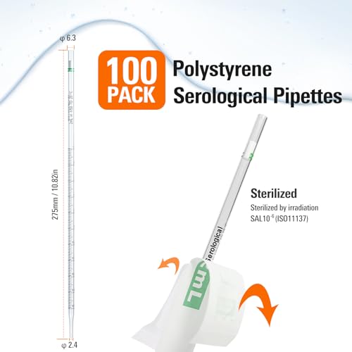 PEKYBIO Polystyrene Serological Pipettes Individually Wrapped Sterile Plastic Graduated Pipette 2ml, Pack of 100 - size: 2ML