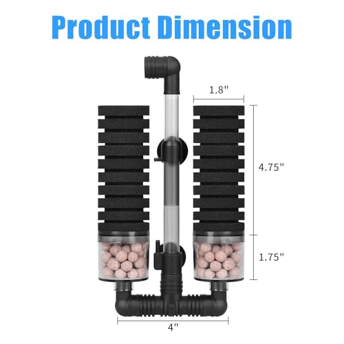 AQUANEAT Aquarium Air Powered Sponge Filter with Ceramic Media Balls, for Betta Fry Shrimp Fish Tank, with 2 Spare Sponges, up to 40Gal - size: Middle