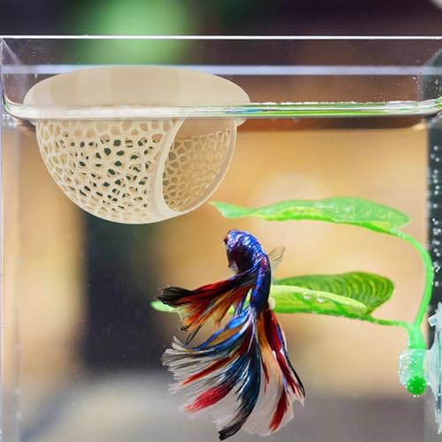 WishLotus Floating Betta Hideout, Aquarium Fish Cave 3D-Printed Shrimp Hide Multi-Functional Fish Tank Cave with 1 Betta Leaf Aquarium Hammock for Shrimp Small Pets (Beige, M)