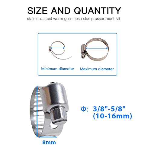 Quickun 20Pcs 1/2" Mini Stainless Steel Hose Clamp Worm Gear Clamps Adjustable 3/8"-5/8"(13-19mm) Range, Fuel Line Clamp for Water Pipe, Hose Clips, Automative and Mechanical Application - size: 0.51"-0.75"